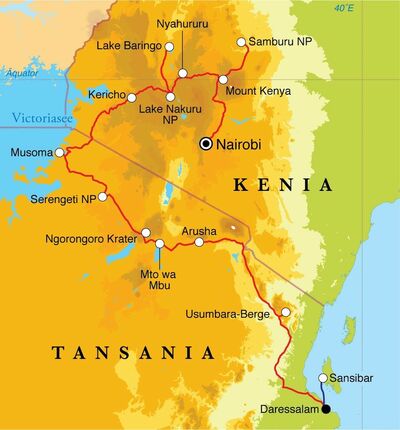 Routekaart Rundreise Kenia, Tansania & Sansibar, 21 Tage Zeltsafari 
