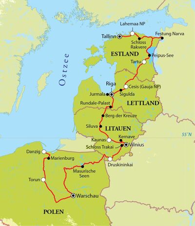 Routekaart Rundreise Baltikum & Polen, 20 Tage