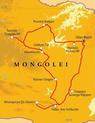 Routekaart Rundreise Mongolei, 16 Tage Routekaart Rundreise Mongolei, 16 Tage