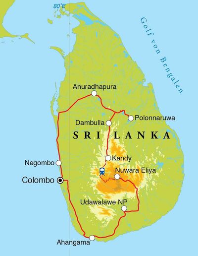 Routekaart Rundreise Sri Lanka, 15 Tage 