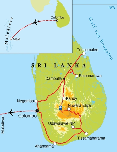 Routekaart Familienreise Sri Lanka & Malediven, 21 Tage