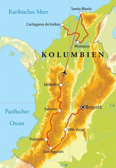 Routekaart Rundreise Kolumbien, 21 Tage