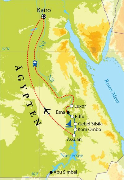 Routekaart Rundreise Ägypten: Niltal & Segelreise, 11 Tage