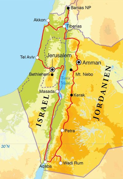 Routekaart Rundreise Israel & Jordanien, 15 Tage Routekaart Rundreise Israel & Jordanien, 15 Tage