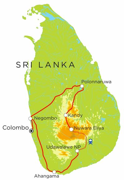 Routekaart Familienreise Sri Lanka, 15 Tage