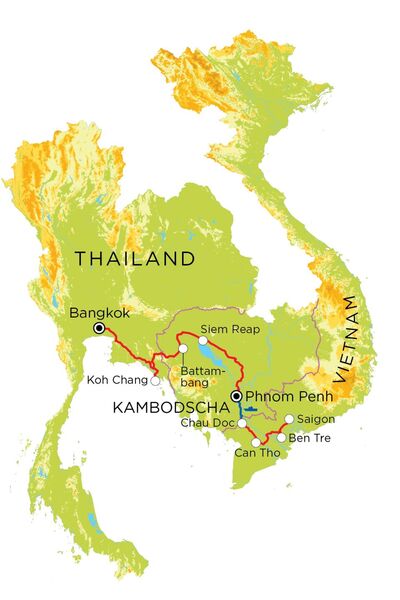 Routekaart Familienreise Vietnam, Kambodscha & Thailand, 21 Tage