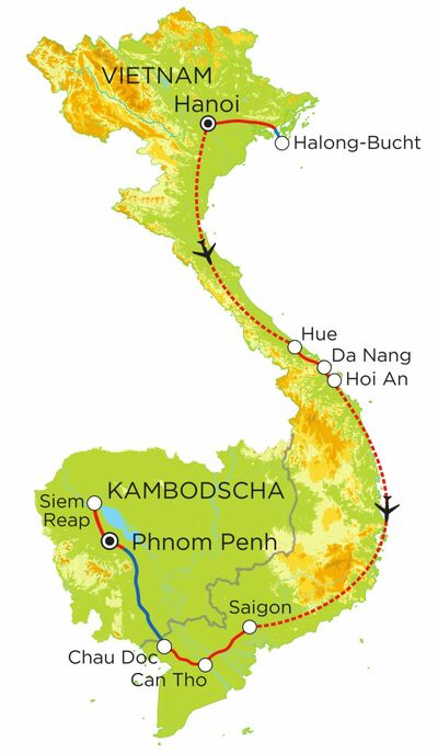 Routekaart Familienreise Vietnam & Kambodscha, 22 Tage