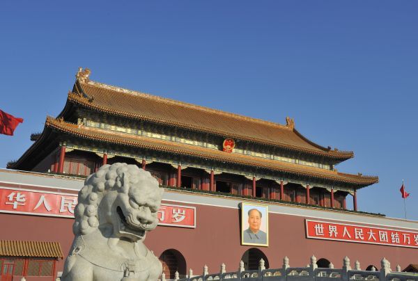 Peking in China Tempel, Löwenstatue, China Reise