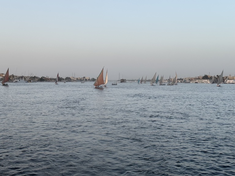 Ausbick auf den Nil mit traditionellen Feluken Nil, Feluken, Aussicht, Ägypten, Rundreise Ägypten