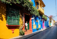 Bunte Häuser im kolonialen Zentrum, Cartagena de Indias, Kolumbien
